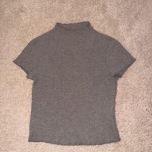 Grey Ribbed Mock Neck Short Sleeve Top